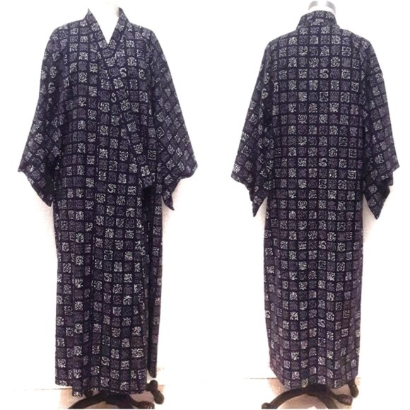 VTG Japanese kimono character print navy white - Picture 1 of 5